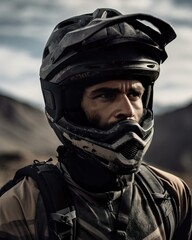 A fictional person.  Passionate mountain biker riding an electric bike in rugged mountain landscape
