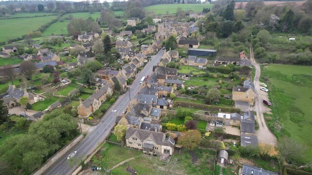 Bourton on the Hill Cotswold village UK drone aerial view