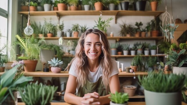 Happy Small Business Owner in Her Plant Shop with a Smile. Generative AI.