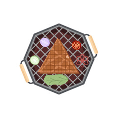 Delicious Grilled Beef Smoked Roasts Cooked Meat Sausages on an Iron Pan Grill Stove
