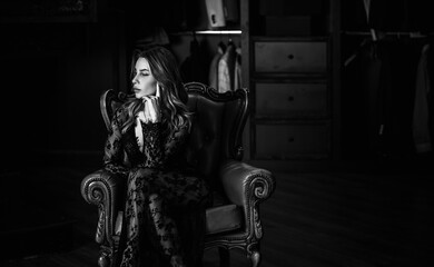 Attractive European lady in glamorous dress. Women's elegant and sexy wardrobe details and illustration