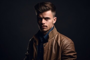 Fototapeta premium Fashionable male model posing in trendy jacket. Generative Ai.