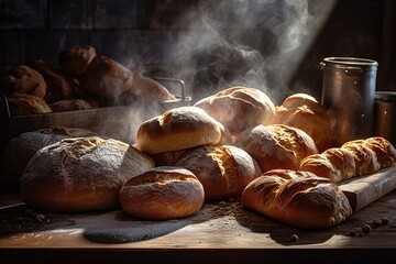 High-quality image of freshly baked bread and pastries with steam rising from them. Generative Ai.