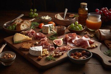 Fototapeta na wymiar High-quality images of artisanal cheese boards with charcuterie. Generative Ai.