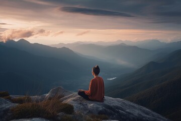 Fototapeta premium Mountain Meditation: A female woman doing yoga on a mountaintop with a beautiful landscape in the background. Generative Ai.