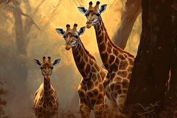 Giraffe Family in the Concept art of Oil Painting. Generative AI