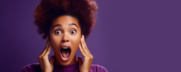 Portrait of excited overjoyed and shocked young black woman. Unbelievable. Looking at camera and spreading hands. Isolated on background. Advertising. Generative Ai.