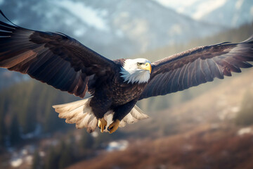 A bald eagle in flight in nature. Created with Generative AI technology.