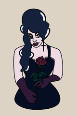 Vector portrait of young woman with a rose dressed in gothic style isolated on light background. 