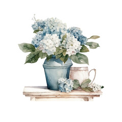 Watercolor vase with hydrangea flowers and cup of coffee, elegant garden composition in png, Generative AI