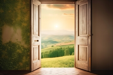 Surrealistic image of an opened door in nature. New decision or alternative concept. Created with Generative AI technology.