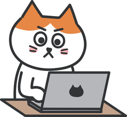 Orange tabby cat staring at the computer screen, vector illustration