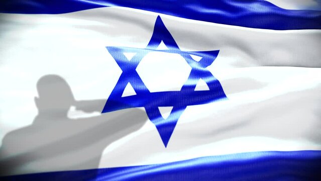 Video Israeli soldier silhouette salutes the Israel Flag, 4K 3D. Concept: IDF, Israel Memorial Day for Fallen Soldiers, Israeli Flag, Israeli soldiers, Remembrance Day, Israel Independence Day