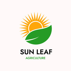 LEAF AND SUN LOGO IN FLAT DESIGN FOR AGRICULTURE OR FARM