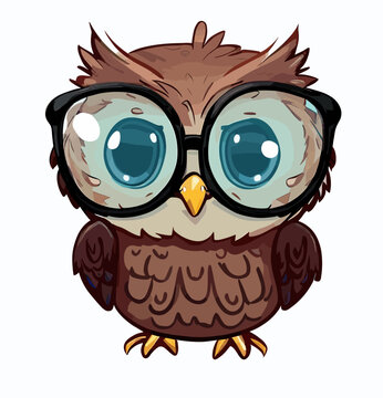 happy cute little owl with glasses, clever bird, logo vector art sticker