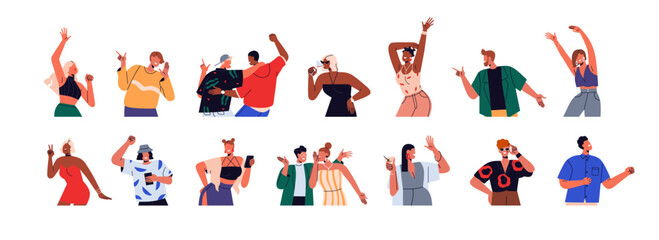 Happy people celebrating, rejoicing, having fun set. Young men, women dancing at disco party. Energetic joyful excited girls, guys. Flat graphic vector illustrations isolated on white background