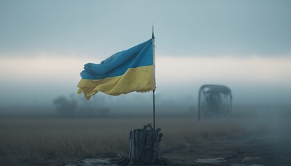 Tattered Ukrainian flag waving on an empty battlefield