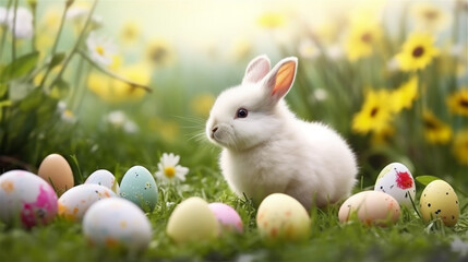 Easter white bunny and eggs on a meadow
