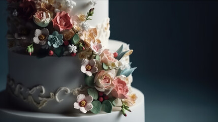 Obraz na płótnie Canvas Romantic Confectionery. Indulge in the sweetness of a floral-themed wedding cake, carefully crafted as a centerpiece, against an empty background with copy space. Cake concept AI Generative