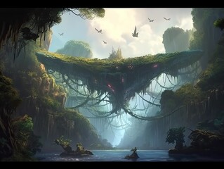 Fantastical floating island with vines hanging below, an AI-generated fantasy world amidst the clouds