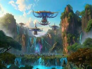 Magical and glowing fantasy island landscape with waterfalls and surreal jets flying, future world with alien planes, generative ai