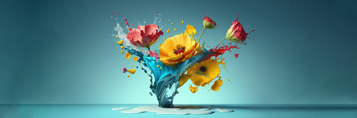 Obraz na płótnie Canvas Banner Levitating of spring or summer colorful flower bouquet with liquid water splash on blue background, Blooming levitation, Greeting card, Surreal AI Generative