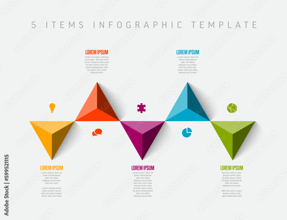Poster five horizontal items elements template with icons and triangle arrows