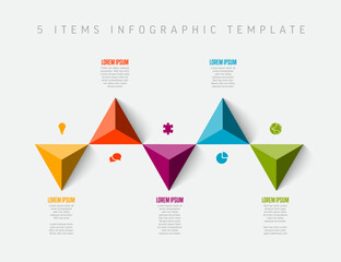 Five horizontal items elements template with icons and triangle arrows