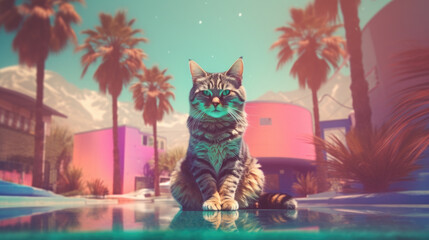 Striking portrait of striped tabby cat in the urban streets of Bel-air, Los Angeles. Vaporwave blue and pink coloring, hot summer day, palm trees, relaxed vibe, captivating portrait - generative AI