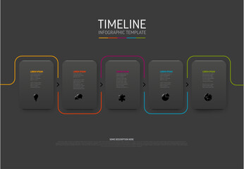 Dark five steps template with white cards colorful tabs icons and description