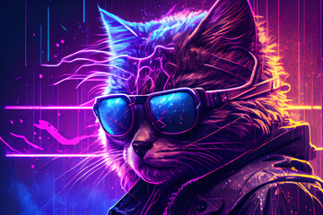 Cat wearing sunglasses. VR videogame experience in 80's synth wave and retro vaporwave futuristic aesthetics