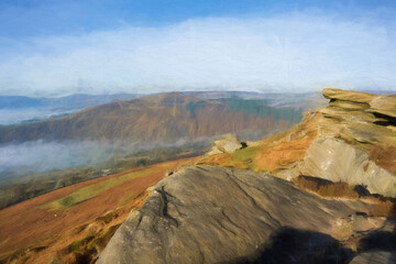 Bamford Edge digital oil painting of Win Hill at sunrise in the Peak District, UK.