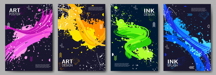 Set of abstract posters. Bright brush strokes, a colorful splash of paint or ink on a black background. Design background, cover, postcard, banner. Vector illustration. - obrazy, fototapety, plakaty