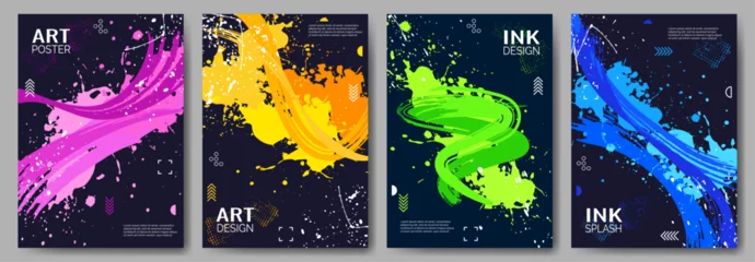  Set of abstract posters. Bright brush strokes, a colorful splash of paint or ink on a black background. Design background, cover, postcard, banner. Vector illustration. © i_mARTy
