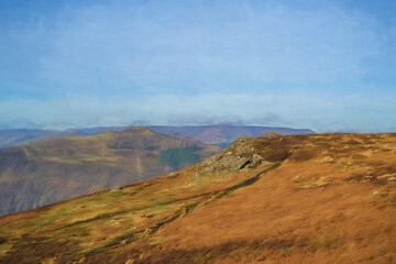 Fototapeta na wymiar Bamford Edge digital oil painting of Win Hill at sunrise in the Peak District, UK.