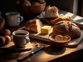 Fototapeta na wymiar coffee break with breads in the morning - Generative AI