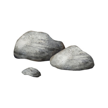 Sea Pebbles. Natural stones pile. Solid rocks nature landscape element. Beautiful detail of landscape, seascape, nature scene. Hand drawn watercolor illustration for card, border, label, souvenirs