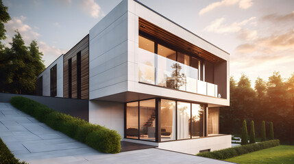 modern house design with a bold and refined facade, a warm color palette and great attention to detail - obrazy, fototapety, plakaty