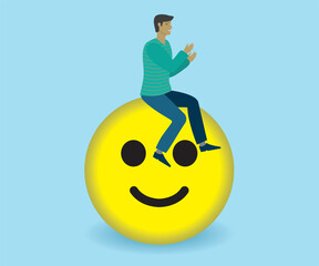 Man sitting on emoji with a smile, giving appreciation and applaud for something he liikes. Vector illustration.