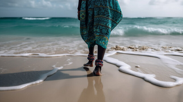 Generated AI image of a low body section of an african woman walking barefeet at the beach in summer 