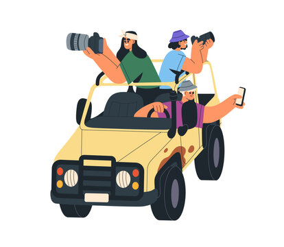 Tourists in car. Happy people taking photos with cameras, phone in road trip, adventure in nature. Friends in expedition, safari tour to Africa. Flat vector illustration isolated on white background