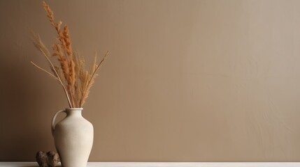 Vase with decorative dry plant branch against beige wall background. Minimalist interior mockup. Generative AI
