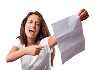 Emotional portrait of a young woman isolated on a neutral background. She points to a letter she's...