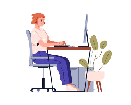 Person Sitting At Computer Desk. Woman With Correct Back Posture On Chair, Working At Desktop, Table. Girl At Good Ergonomic Workplace. Flat Graphic Vector Illustration Isolated On White Background