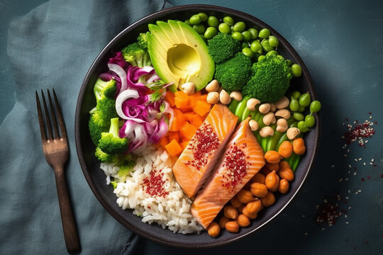 Buddha bowl with salmon. Healthy food. Generative ai