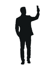 Businessman taking selfie silhouette vector on white background.