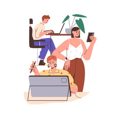 Team work in startup company. Creative workers working under business project, doing own task. Company agency workspace. Teamwork concept. Flat graphic vector illustration isolated on white background