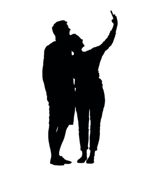 Couple taking selfie with cellphone flat silhouette vector.