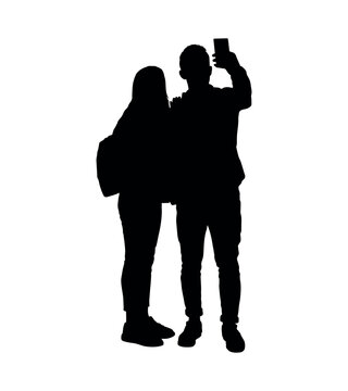 Silhouette couple taking selfie with mobile phone on white background flat vector.