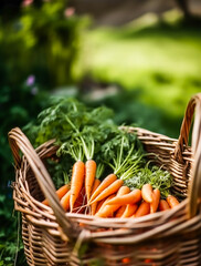Carrots harvest in a basket, farming and agriculture. Generative AI